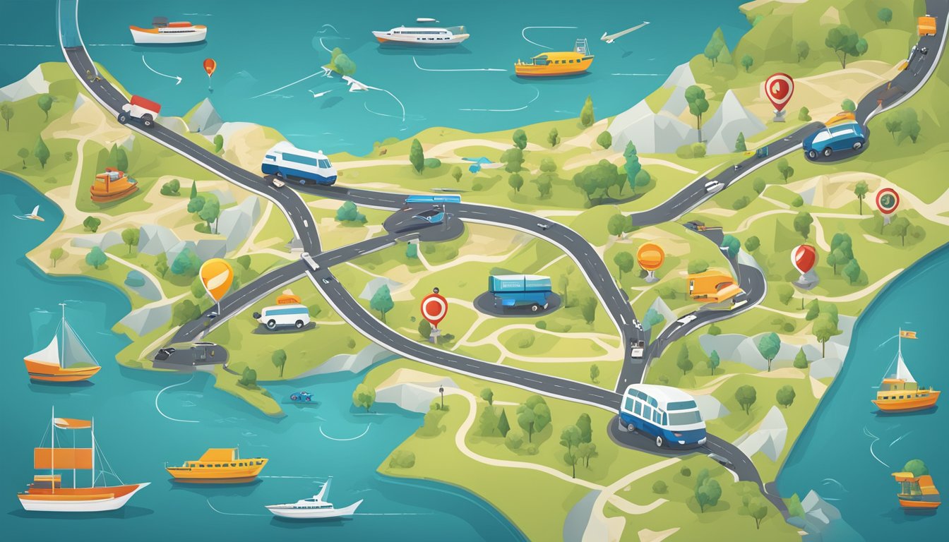 A map with various transportation symbols, arrows, and routes indicating user travel patterns