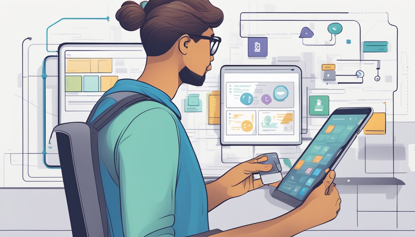 A person using a digital device to navigate a service design and development user journey