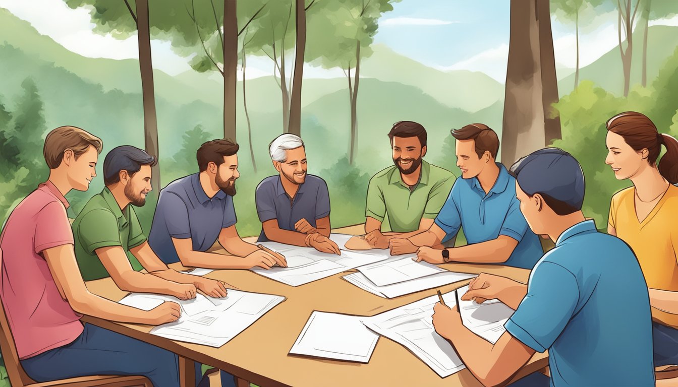 A group of people engaging in team-building activities and communication exercises in a natural outdoor setting