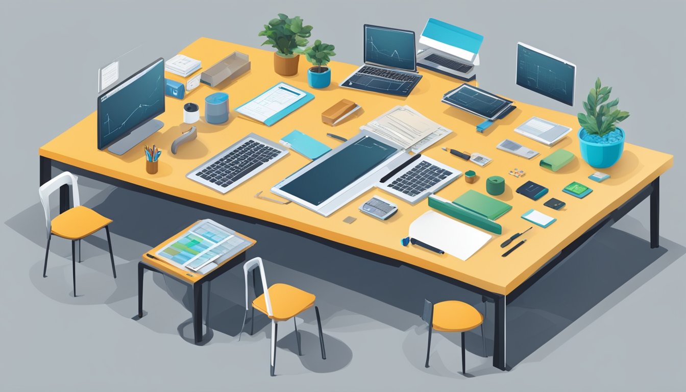 A table with various tools and specifications spread out, surrounded by users interacting with the items