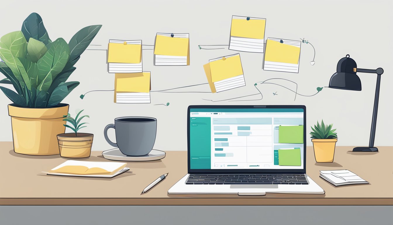 A desk with a laptop, notebook, and pen. Post-it notes with user journey steps. A coffee mug and plant on the side