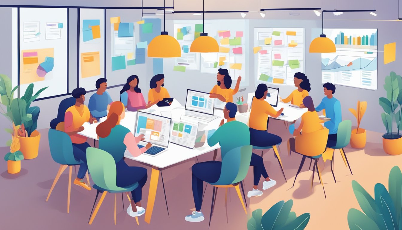 A group of people brainstorming and conducting user journey mapping activities in a collaborative and creative workspace