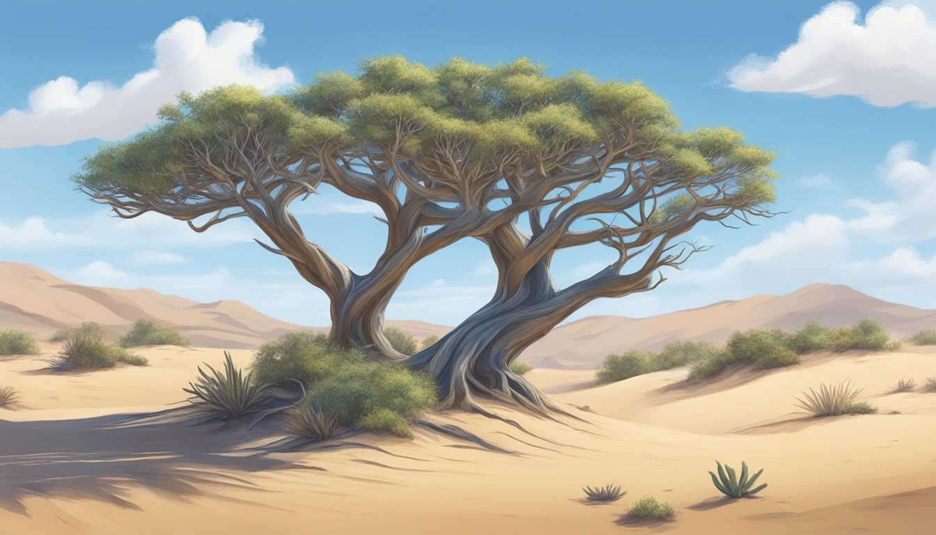 A Divi Divi tree stands tall in the arid desert, its twisted branches reaching towards the blue sky. Sand dunes surround the tree, with a few cacti scattered in the distance