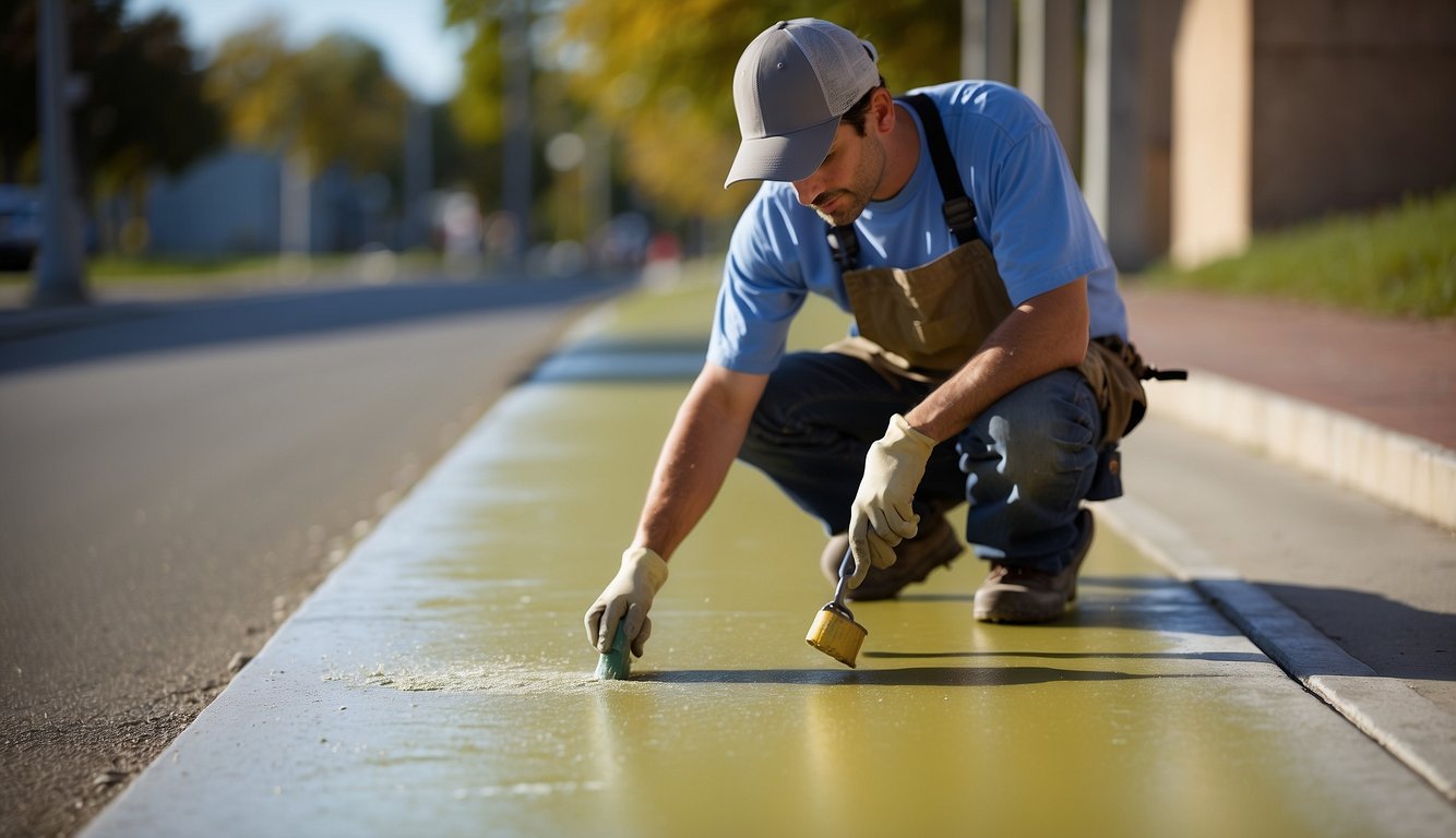 A worker paints a concrete sidewalk with a roller, applying even strokes to cover the surface in a fresh coat of paint
