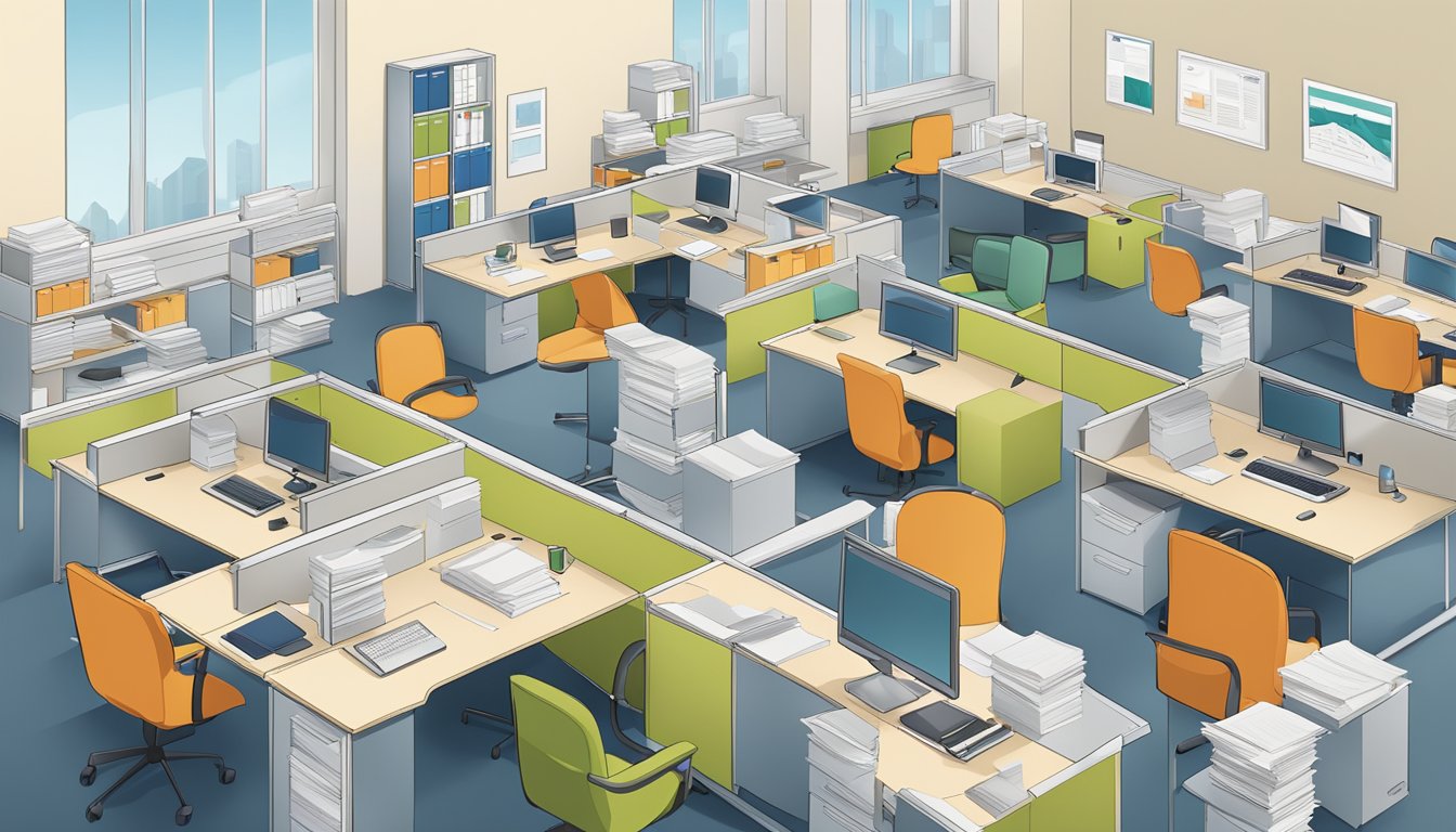 A streamlined office with organized desks, flowing documents, and efficient workflow