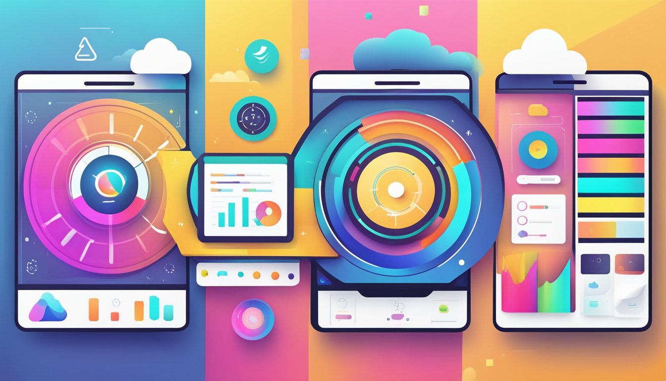 A colorful digital interface with interactive elements and visual graphics