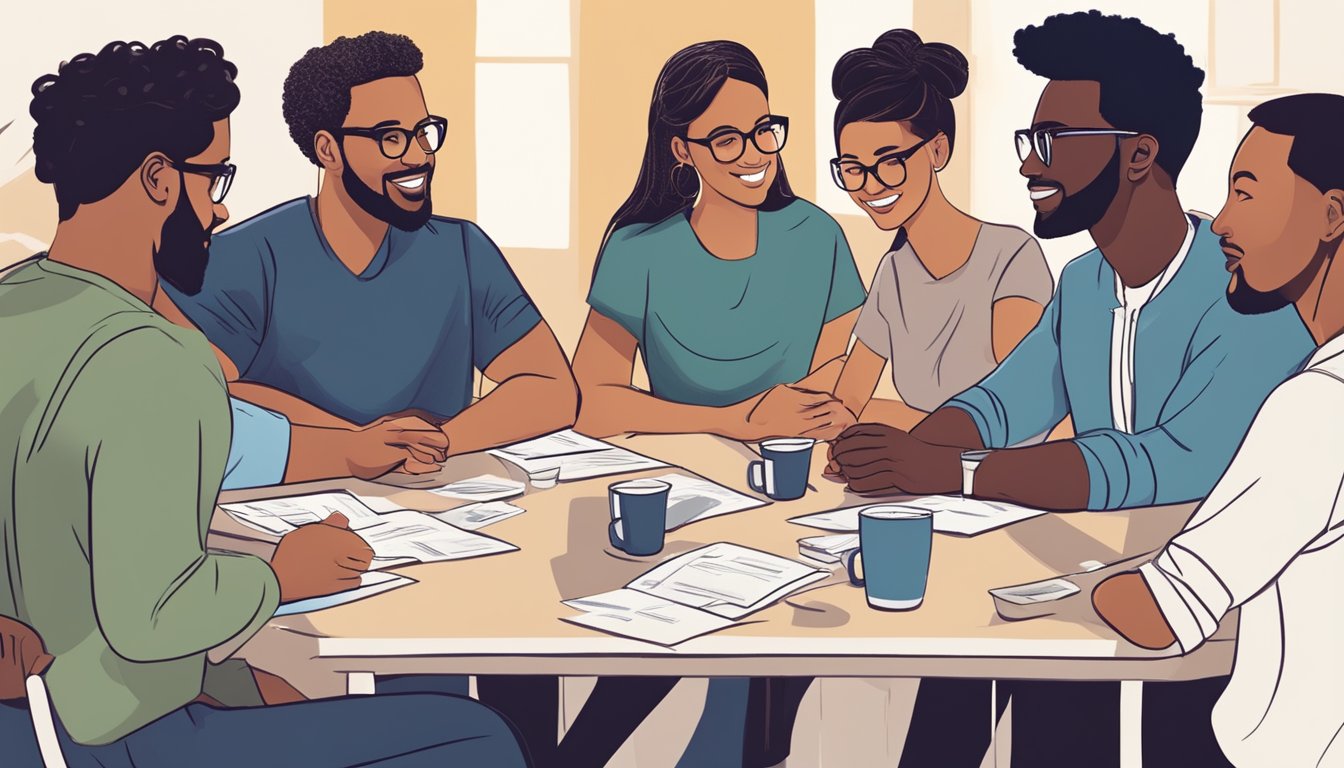 A group of diverse individuals gather around a table, collaborating and sharing resources in a supportive environment