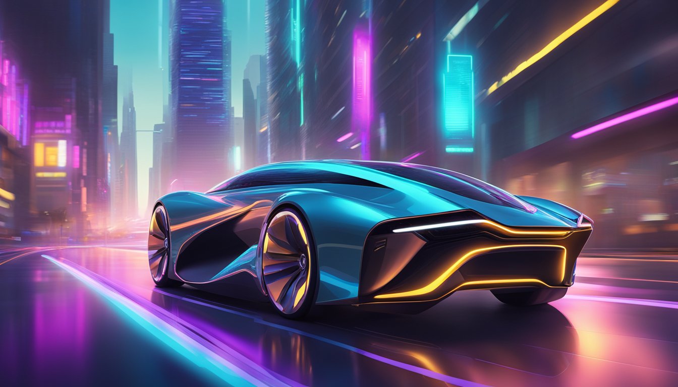 A sleek, futuristic vehicle speeds through a neon-lit cityscape, showcasing optimalization and speed