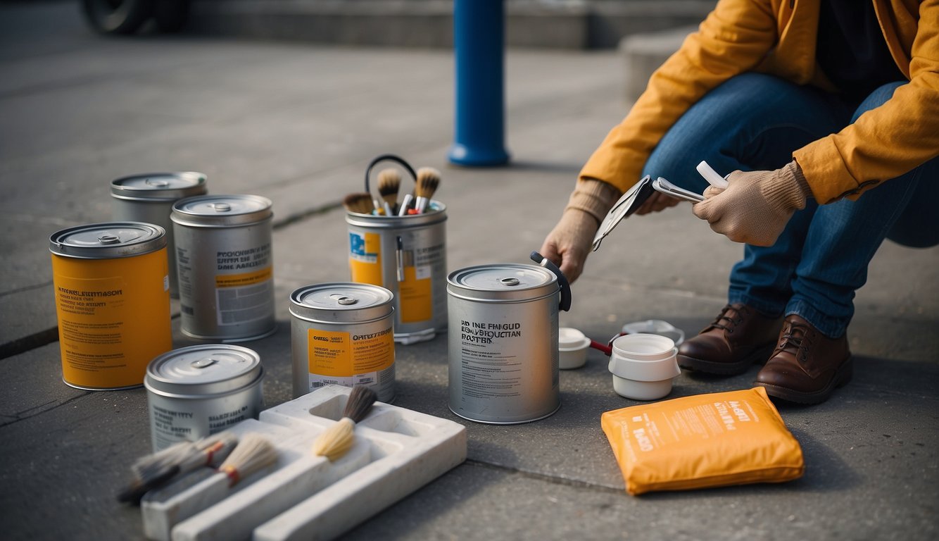A concrete sidewalk with paint cans, brushes, and a person reading a "Frequently Asked Questions" guide