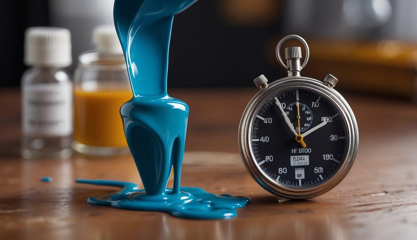 A paint sample drips down a tilted surface, with a stopwatch nearby and a viscometer in the background