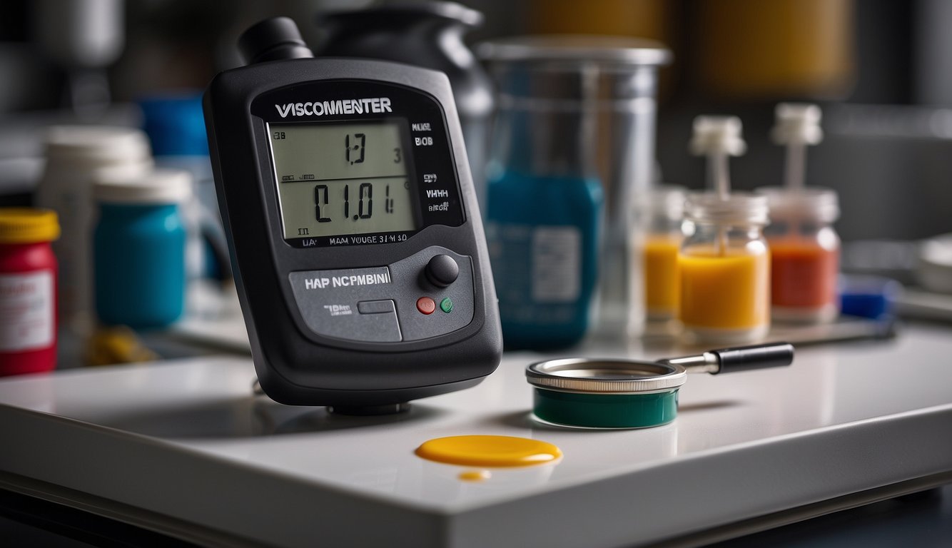 A viscometer sits on a table next to a container of paint. A stopwatch and thermometer are nearby. The viscometer's spindle is submerged in the paint, ready for measurement