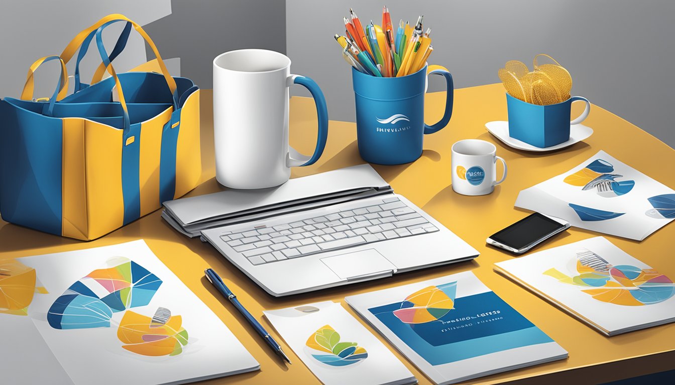 A table adorned with branded corporate gifts, including mugs, pens, and tote bags, displayed in a professional setting