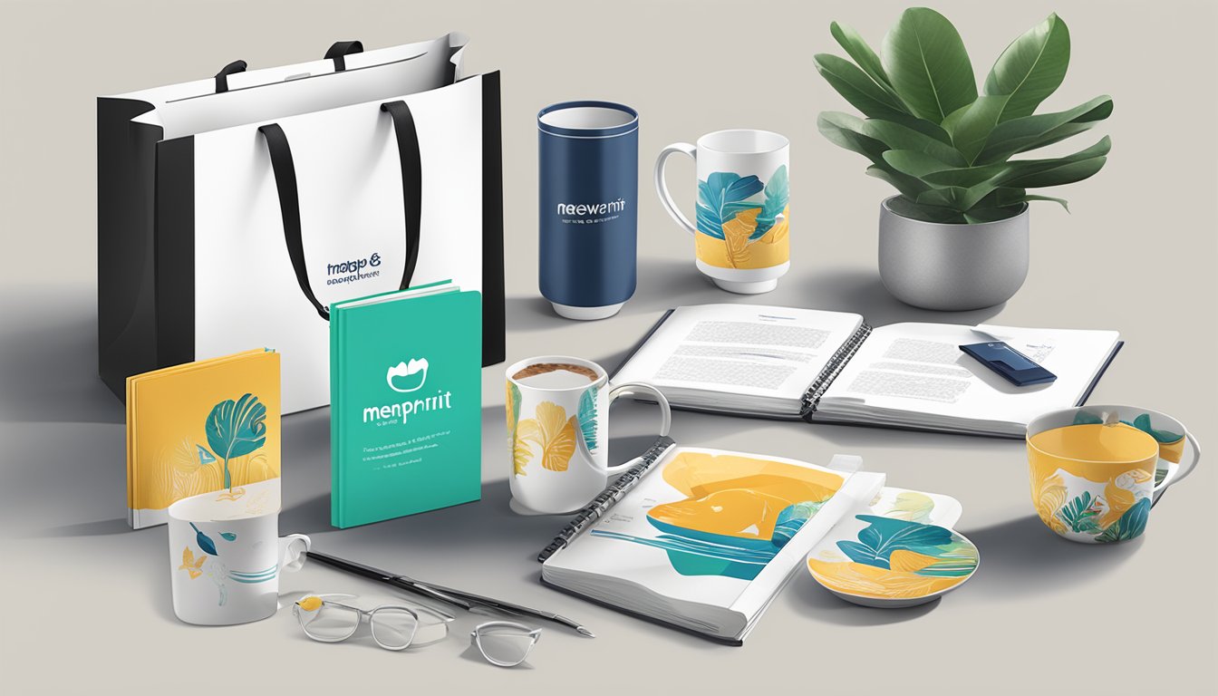 A variety of corporate gifts displayed on a sleek, modern table with MeowPrint Pte Ltd branding. Items include custom-printed mugs, notebooks, and tote bags