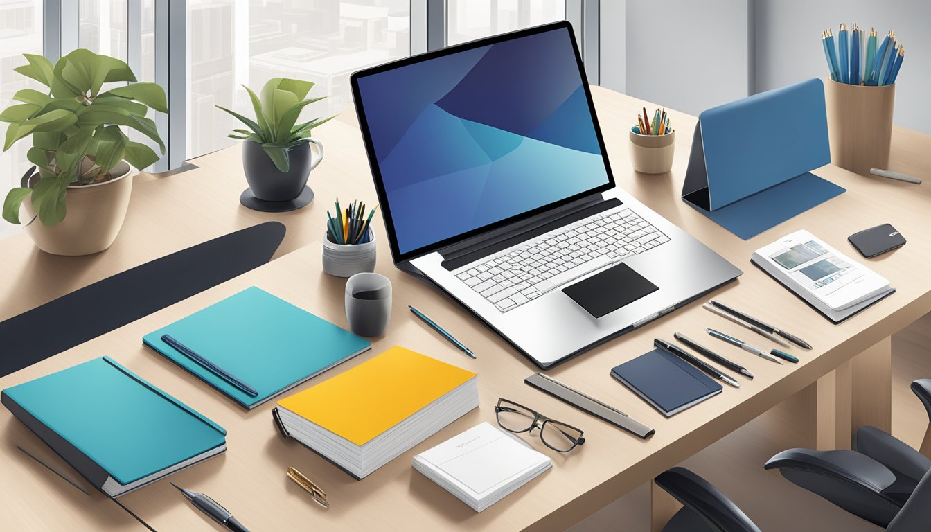A sleek, modern office desk displays an array of high-quality corporate gifts, including custom-printed notebooks, stylish pens, and elegant desk accessories
