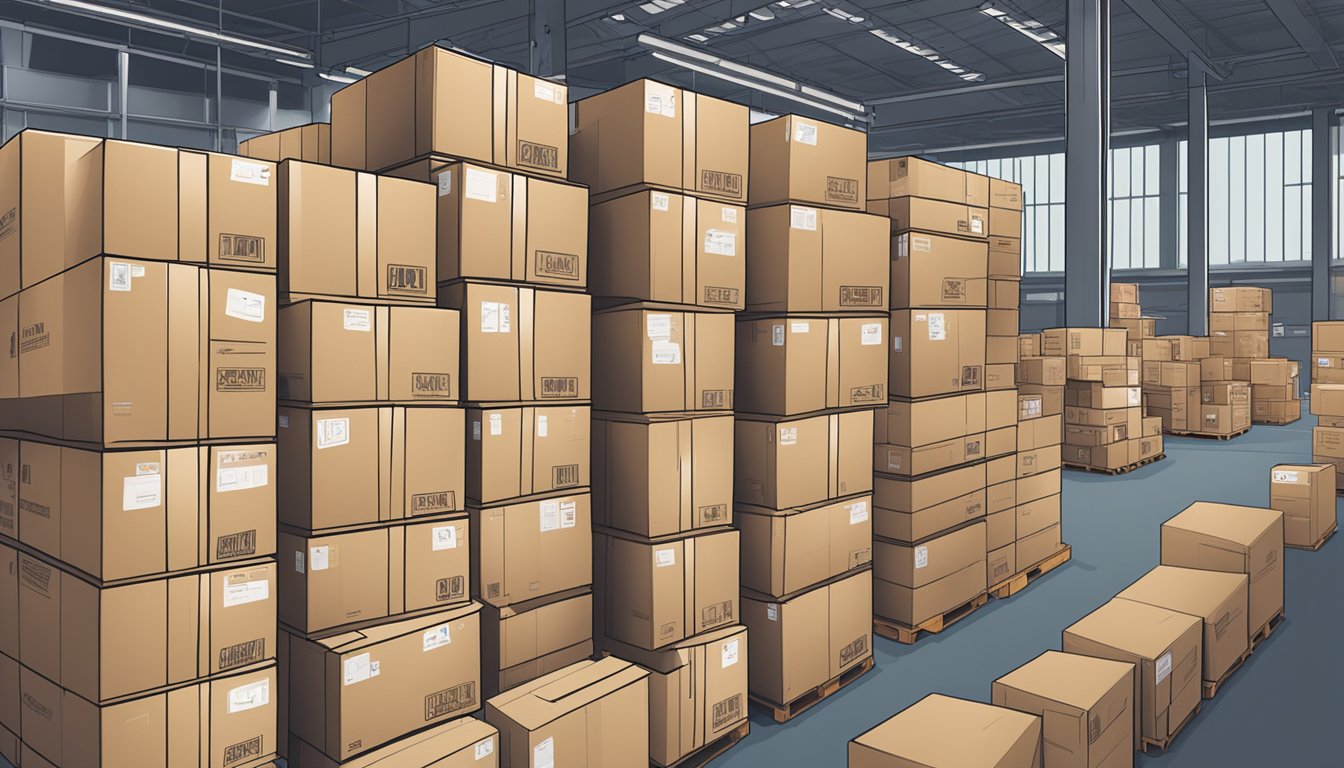 A stack of branded corporate gifts sits next to shipping boxes at the MeowPrint Pte Ltd warehouse, ready for delivery