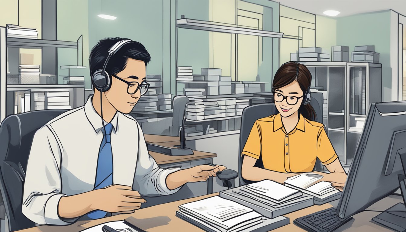 A customer service representative assists a client with corporate gifts at MeowPrint Pte Ltd