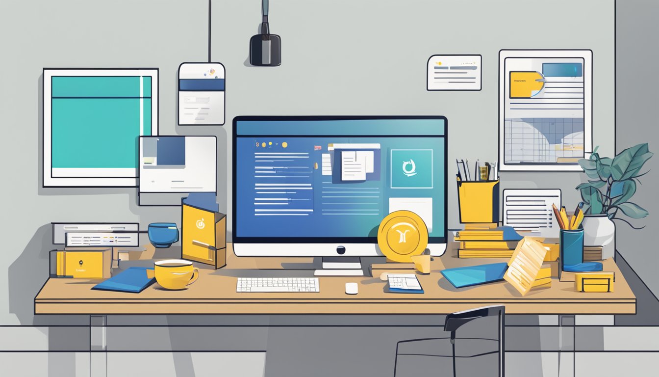 A table with corporate gift items neatly displayed, a computer screen showing positive reviews, and a logo of MeowPrint Pte Ltd prominently featured