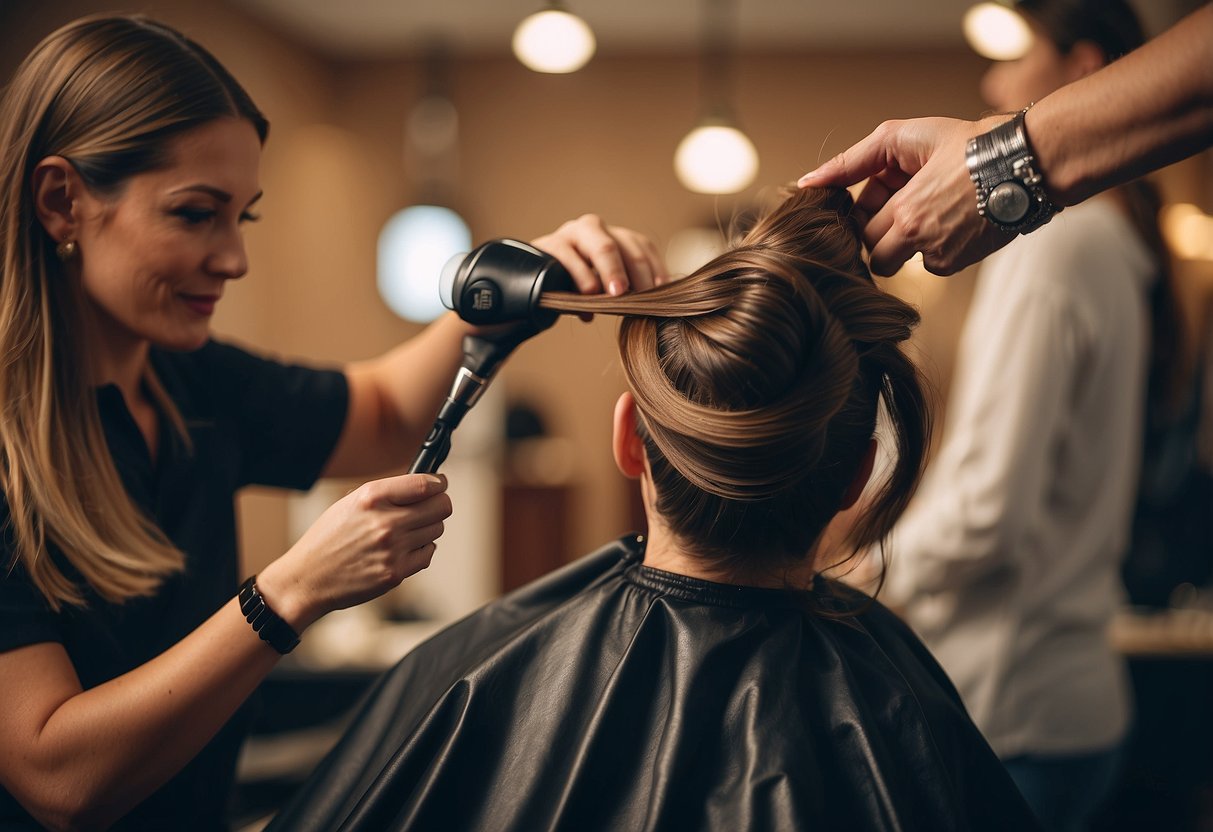 A salon chair with a client's hair being carefully sectioned and small micro-bead hair extensions being applied by a stylist