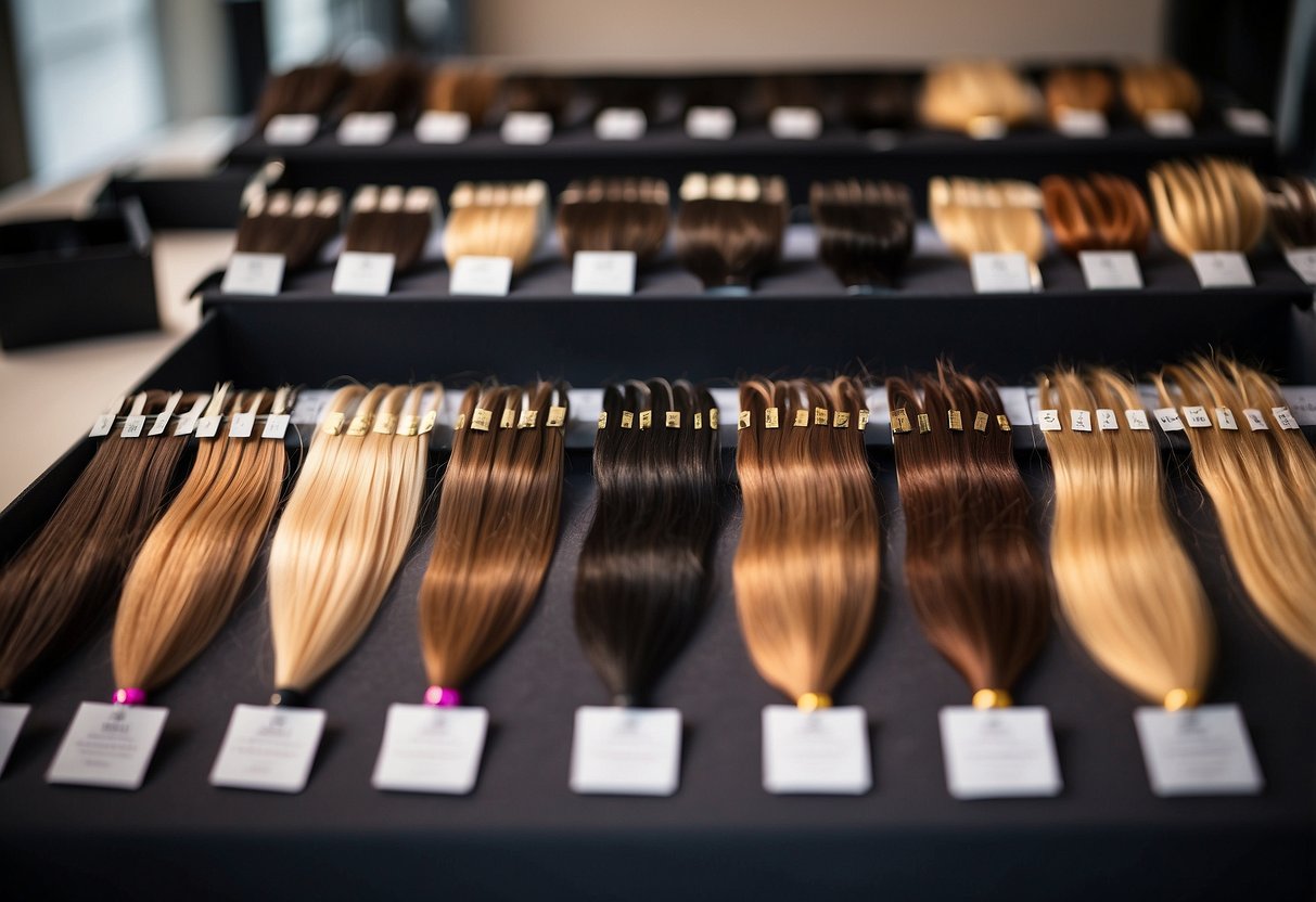 A variety of hair types, from straight to curly, are laid out next to fusion hair extensions, with price tags displayed