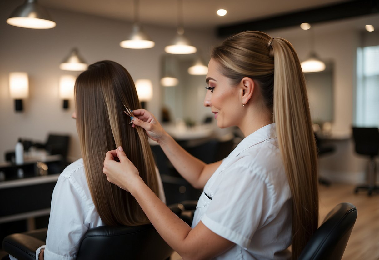 Nano-ring hair extensions being carefully applied to fine hair by a skilled stylist in a clean and professional salon setting