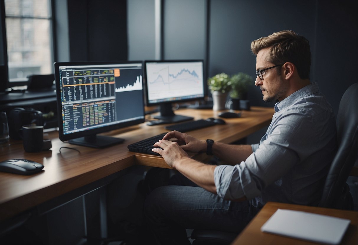 A person sits at a computer, surrounded by charts and graphs. They are typing and clicking, researching "New Meme Coins" and how to find them