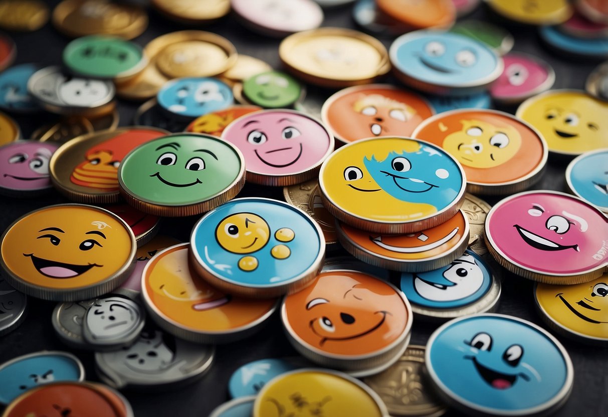 A group of colorful, cartoon-like coins with funny expressions and speech bubbles, surrounded by trending meme symbols and icons