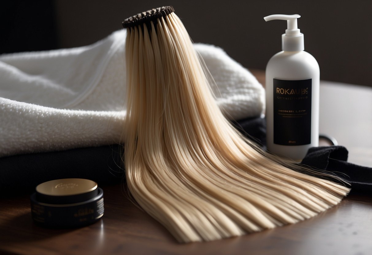 A set of micro-loop hair extensions being gently washed and air-dried on a clean towel, with a bottle of specialized shampoo and conditioner nearby