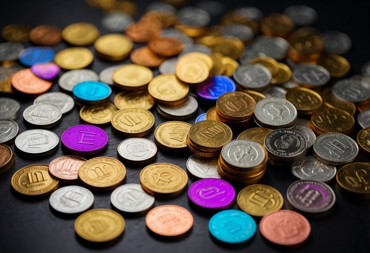 Multiple colorful coins emerging from a digital platform, with the words "new meme coins" written above in bold letters