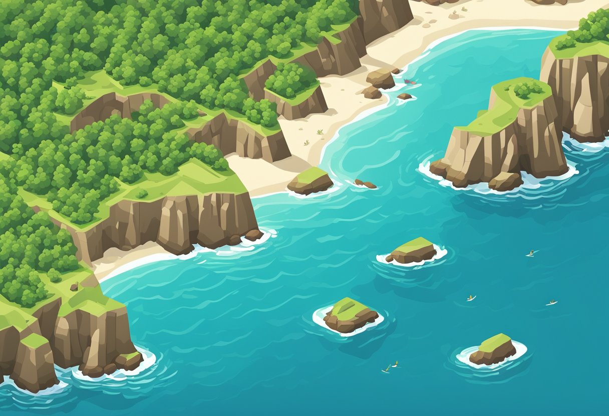 Sandy beaches stretch along the coast, framed by rocky cliffs and lush greenery. Clear blue waters meet the horizon under a sunny sky