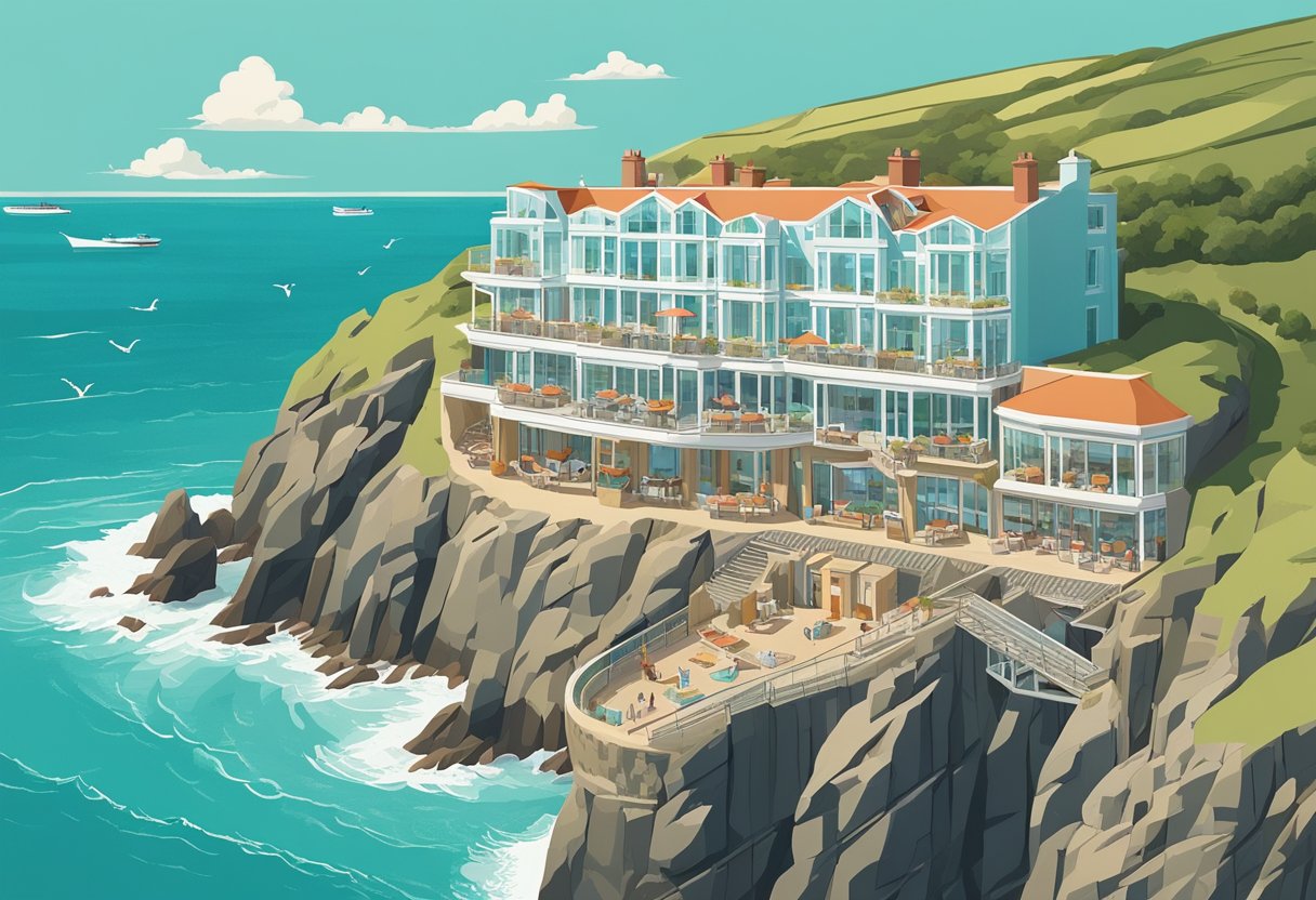 The Scarlet Hotel sits on a cliff overlooking the turquoise waters of Cornwall's coastline, with golden sandy beaches stretching out below. Waves crash against the rocks, and seagulls soar overhead, creating a picturesque scene for a beach holiday