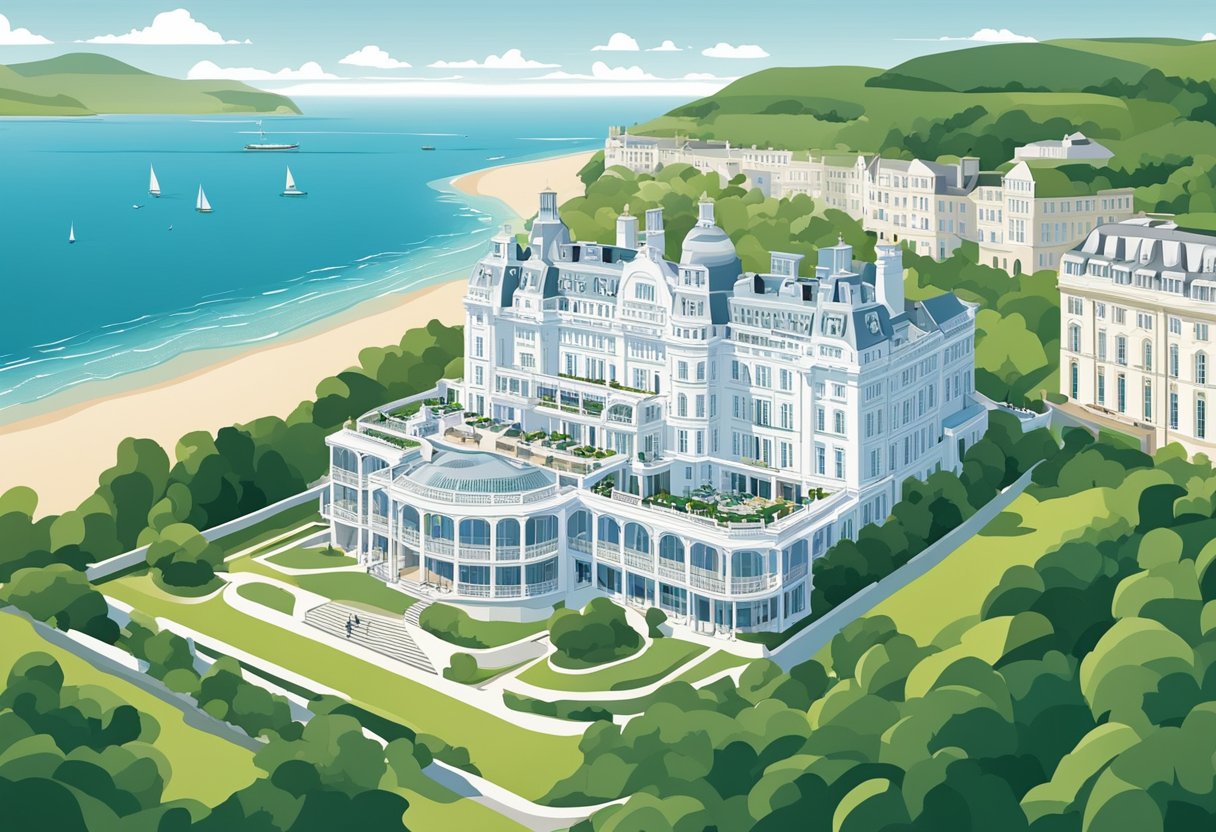 The Grand Hotel, Eastbourne, with its iconic white facade and stunning sea views, sits majestically on the coastline, surrounded by lush greenery and pristine beaches