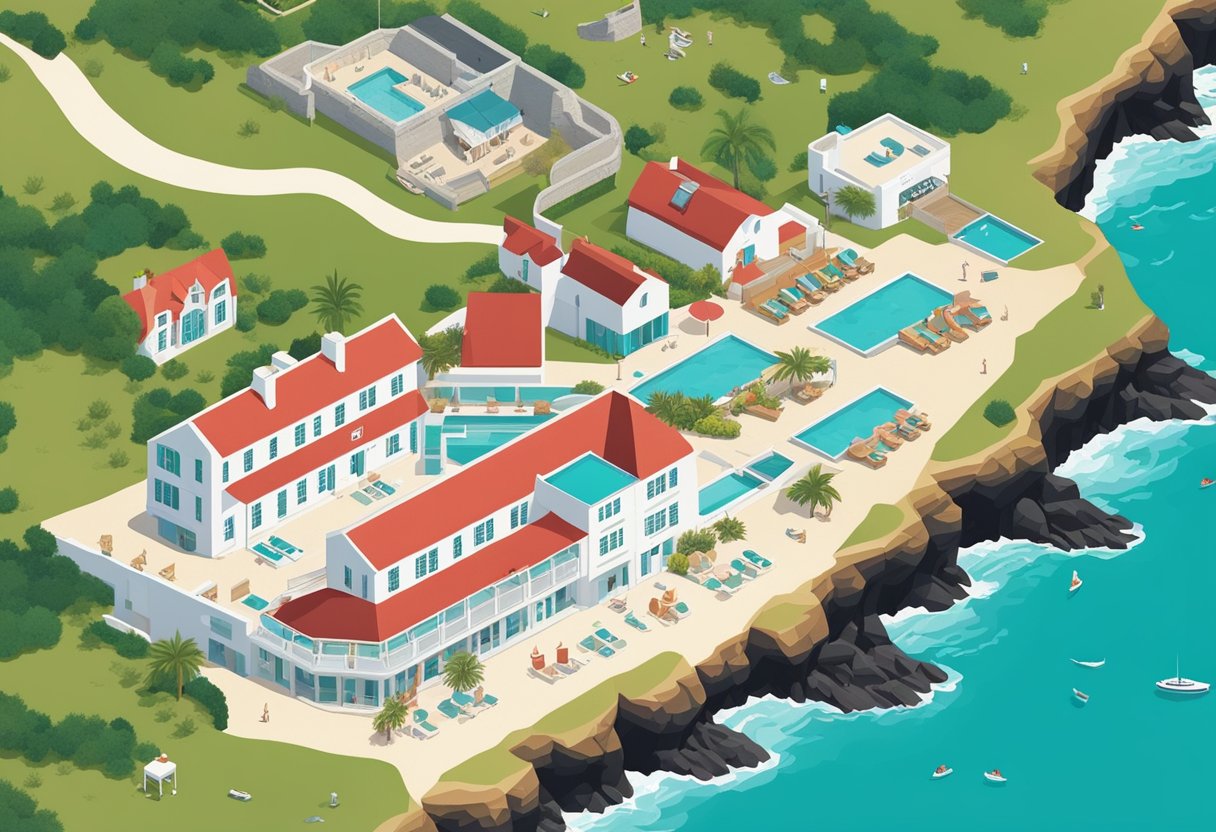 Aerial view of The Nare Hotel, Cornwall. White building with red roof nestled on a cliff overlooking the turquoise sea and sandy beach
