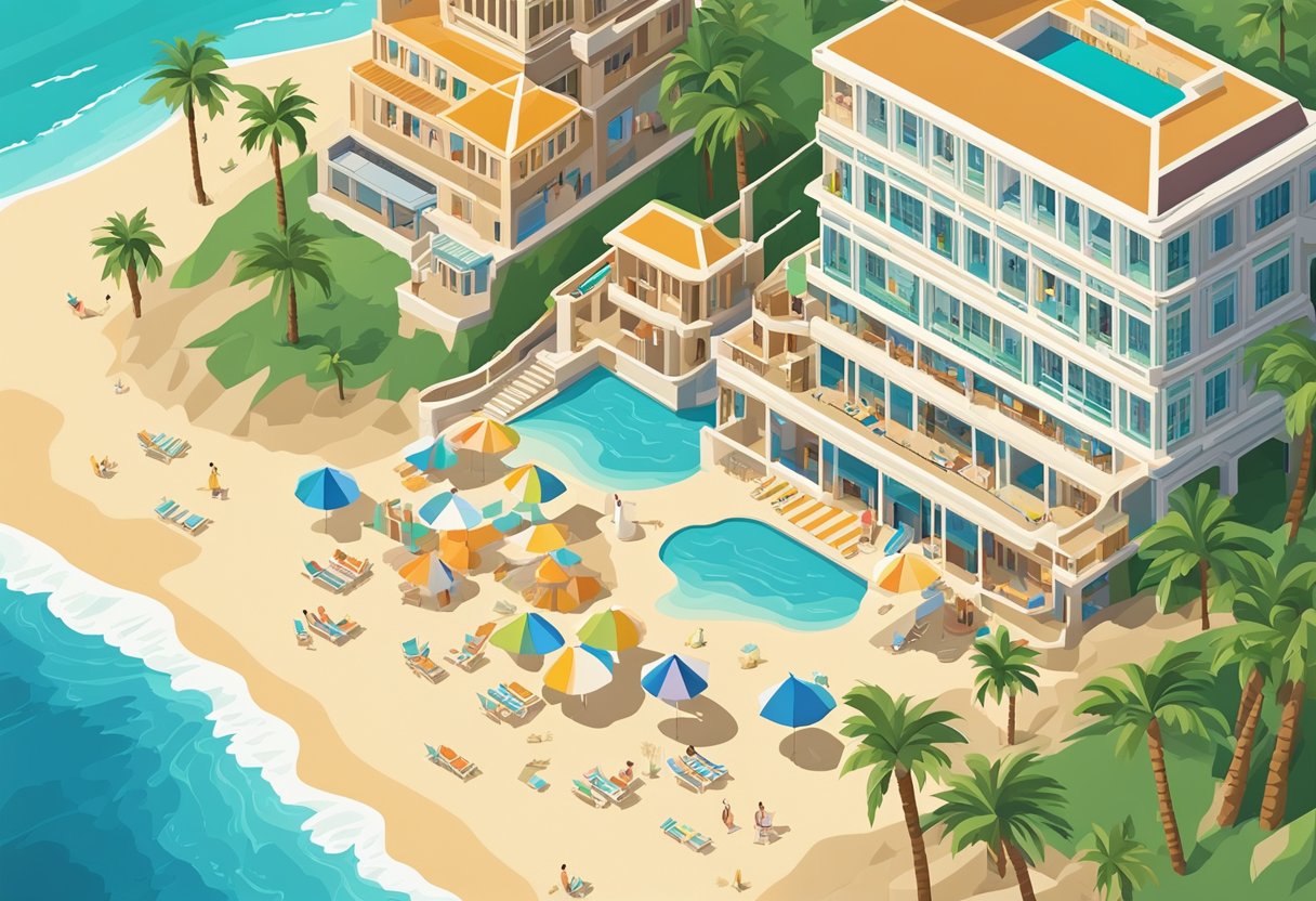 Cliff House Hotel overlooks a sandy beach, with waves crashing against the shore. Palm trees sway in the breeze, and colorful beach umbrellas dot the sand
