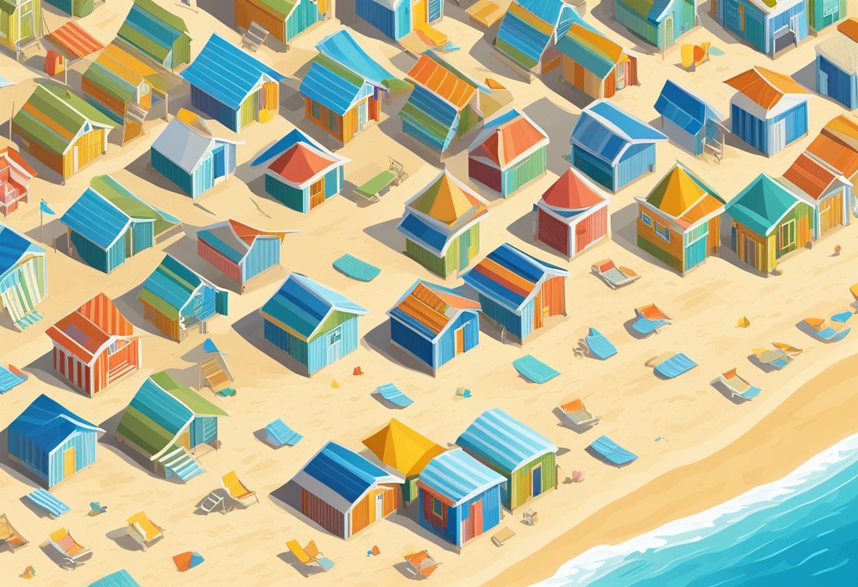 A sandy beach stretches along the coast, with colorful beach huts and dunes in the background. The clear blue sea meets the horizon under a bright sky