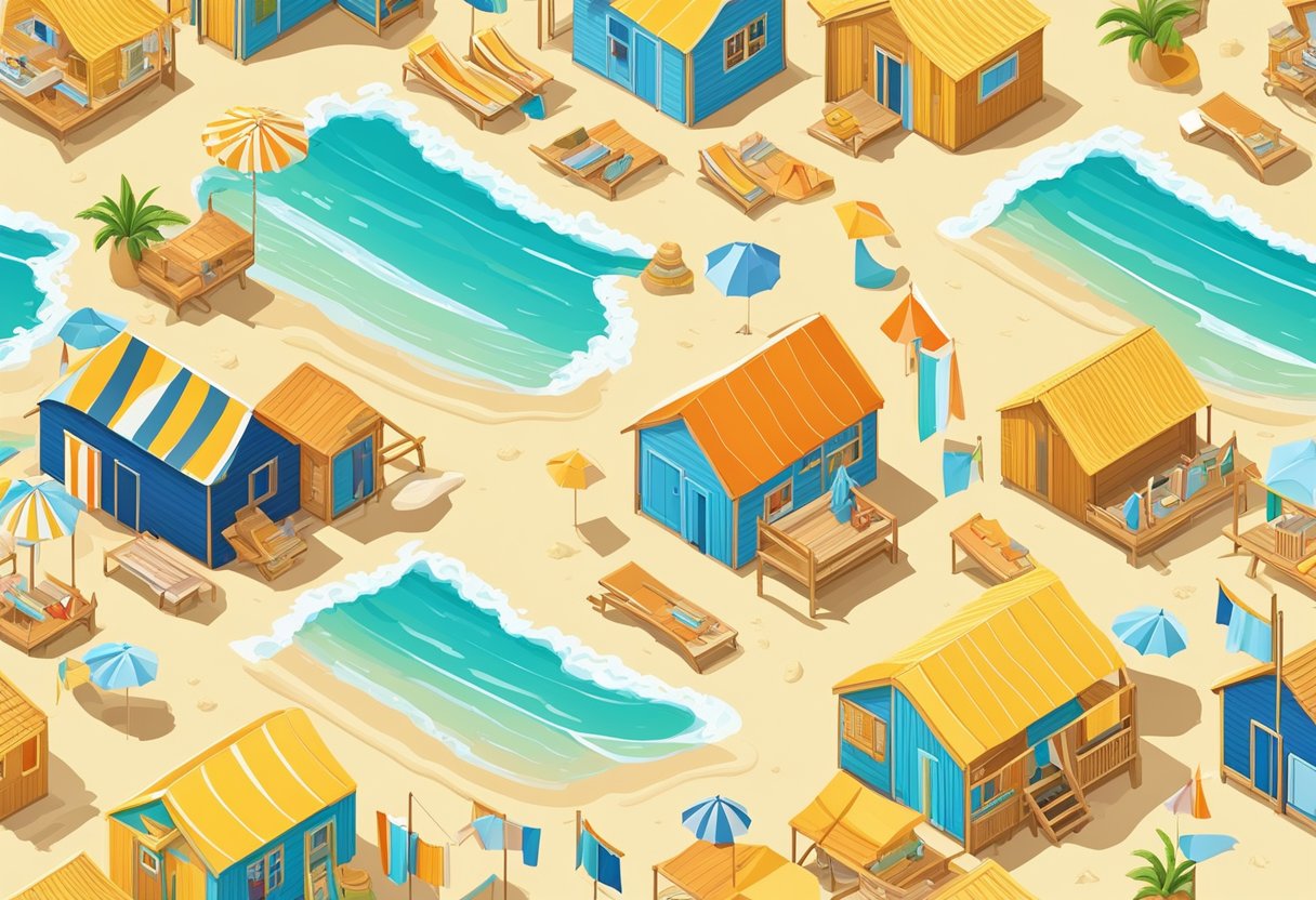 Sandy beaches bathed in golden sunlight, waves gently lapping the shore, colorful beach huts lining the coast, and a clear blue sky overhead