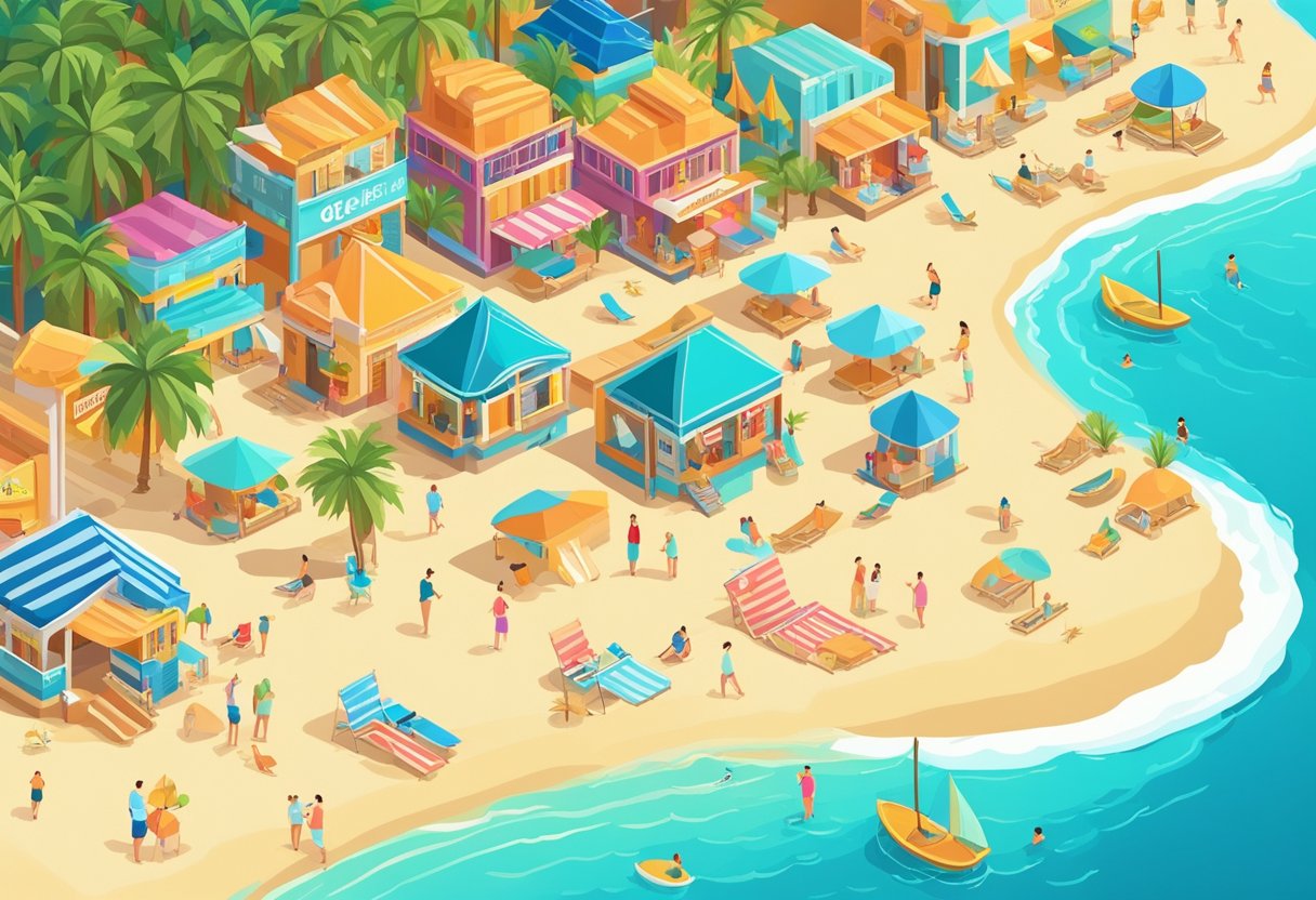 Golden sandy beaches with clear blue waters, palm trees swaying in the gentle breeze, beachgoers enjoying water sports and sunbathing, colorful beach huts lining the shore, and a bustling promenade with shops and cafes