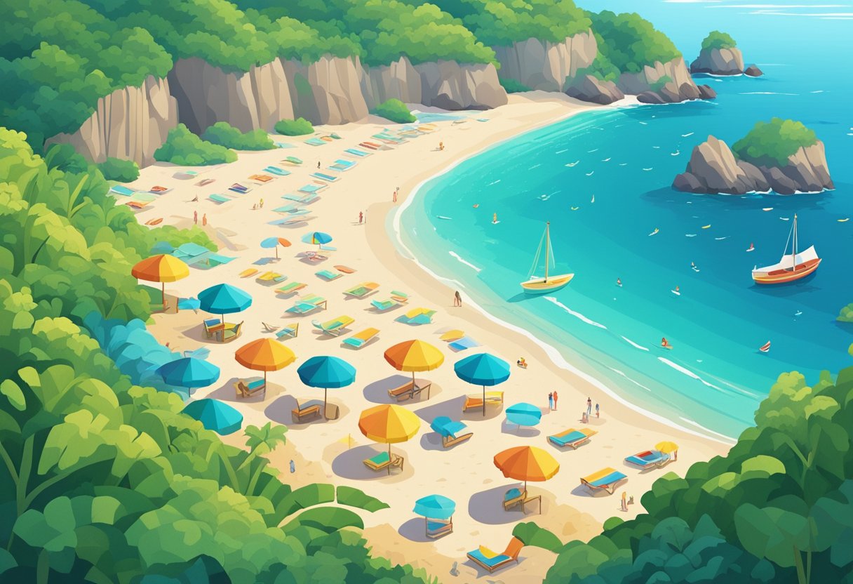 A sandy beach with clear blue waters, surrounded by cliffs and lush greenery. Colorful beach umbrellas and lounge chairs line the shore, with a few small boats anchored in the distance