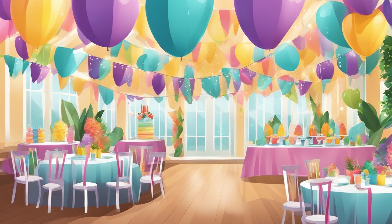 A colorful party setting with handmade decorations and various entertainment options for guests to enjoy