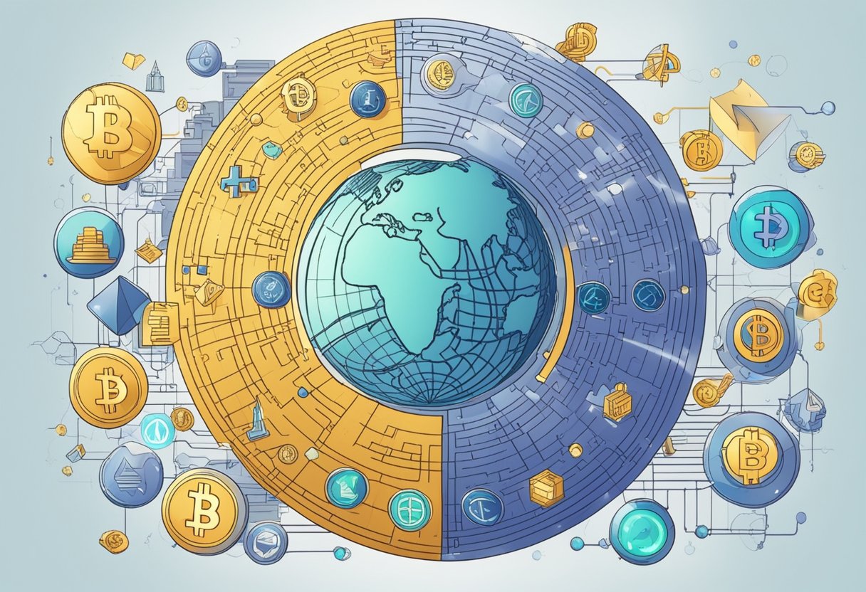 A digital world with cryptocurrency symbols intertwined with traditional finance symbols, representing the impact of cryptocurrencies on the future of global finance