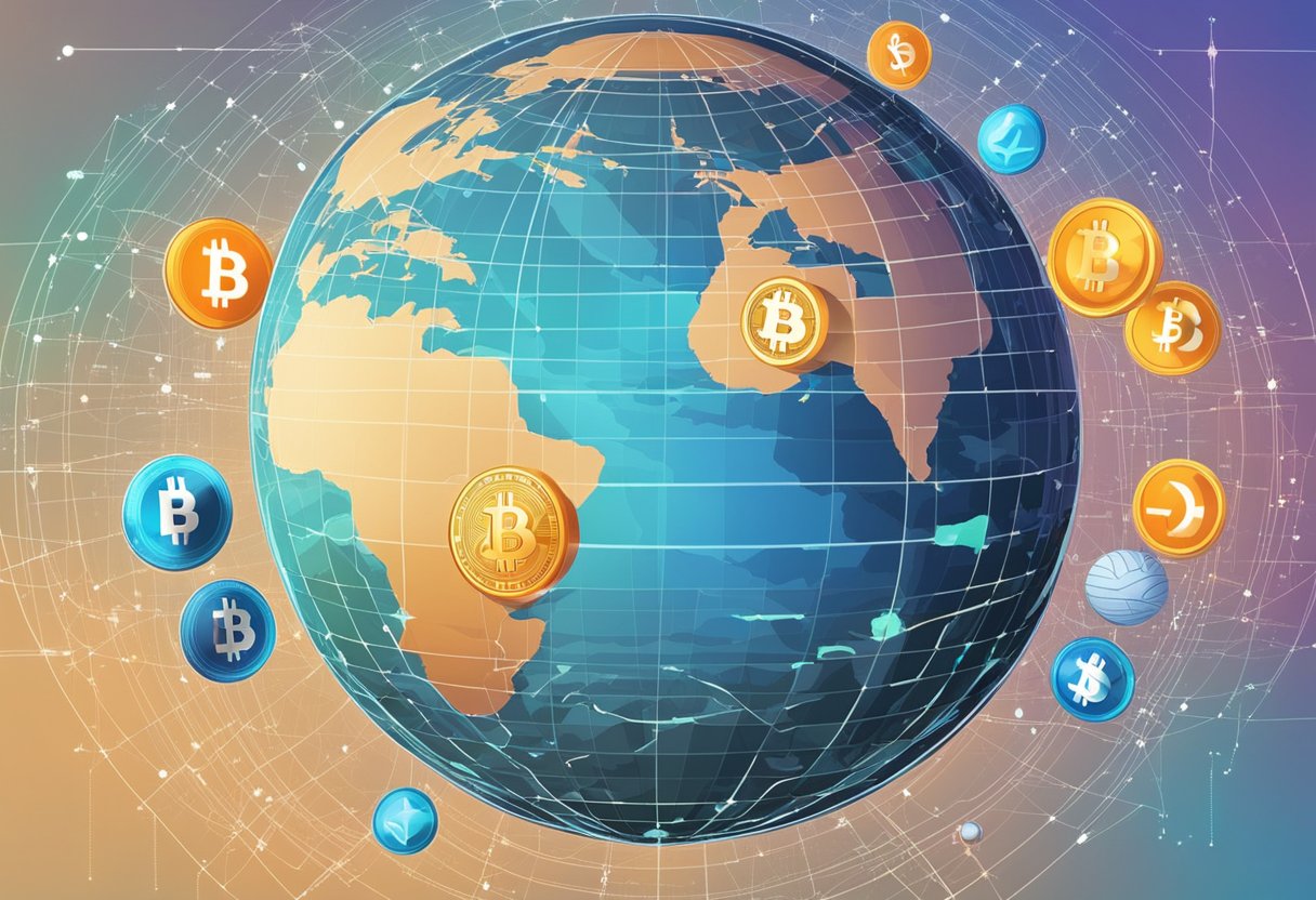 A digital globe surrounded by various cryptocurrency symbols, with financial charts and graphs projected onto its surface, illustrating the potential impact of cryptocurrencies on global finance