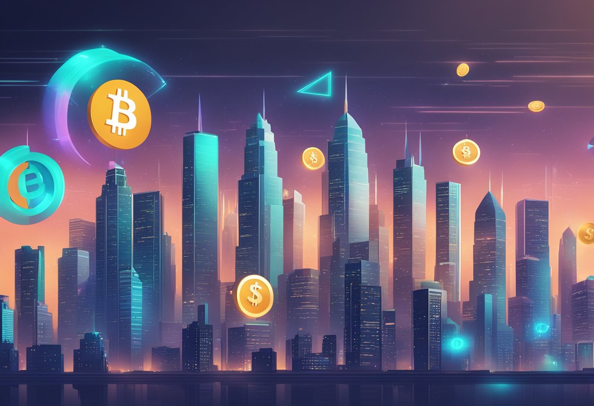 A futuristic city skyline with digital currency symbols floating above financial institutions