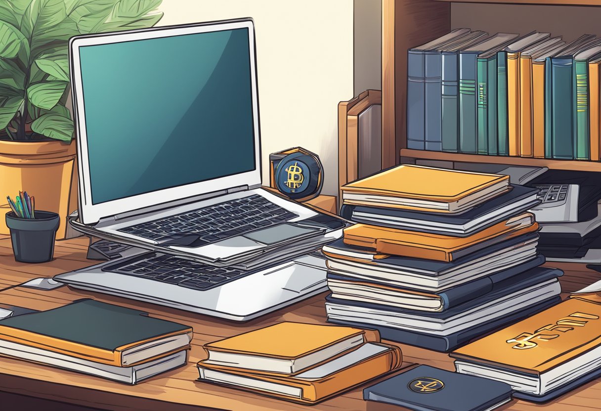 A stack of books on Bitcoin and cryptocurrencies, with a computer and a digital wallet on a desk