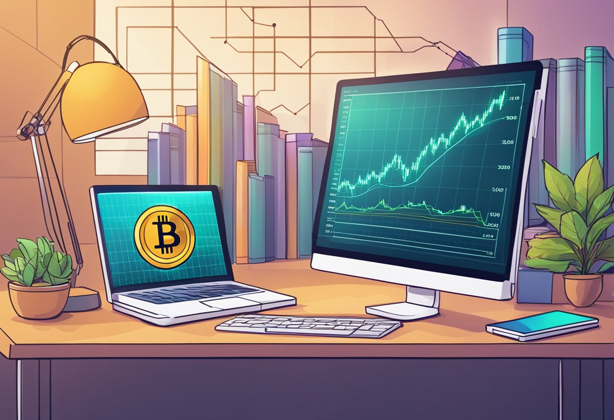 A computer screen displays a graph of cryptocurrency prices with a stack of books titled "Demystifying Bitcoin and Other Cryptocurrencies" in the background