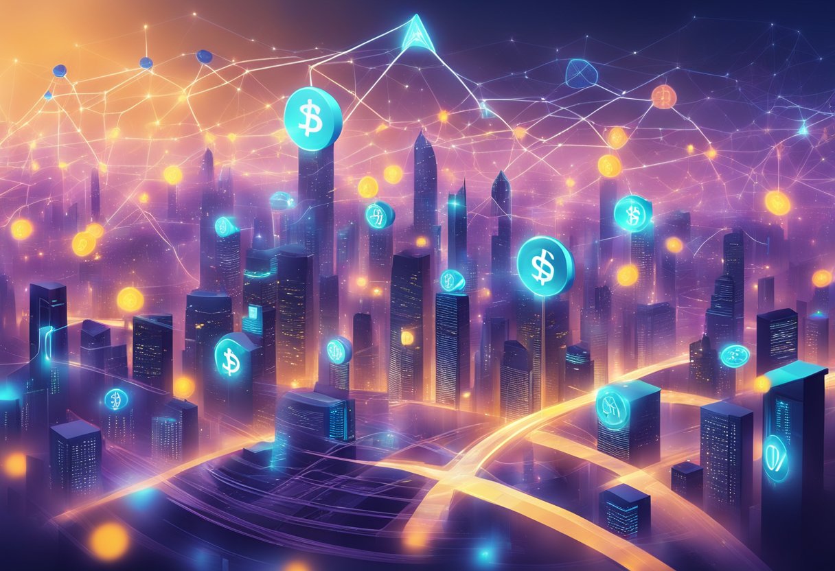 A vibrant, futuristic city skyline with digital currency symbols hovering in the air, surrounded by a network of interconnected nodes and data streams