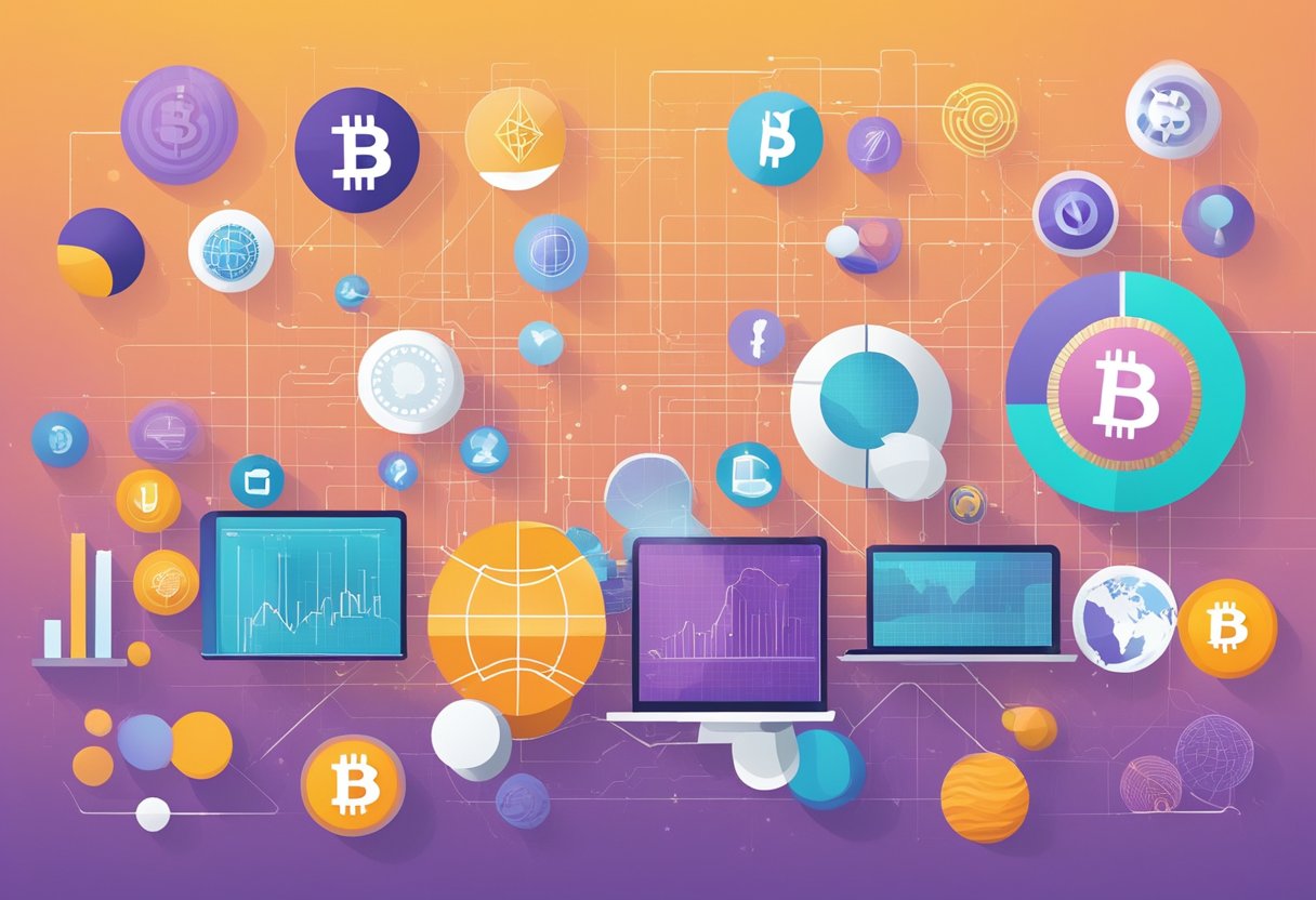 A colorful graph displays market analysis and future trends of Bitcoin and other cryptocurrencies, with the title "Demystifying Bitcoin and Other Cryptocurrencies: The Complete Beginner's Guide" prominently featured