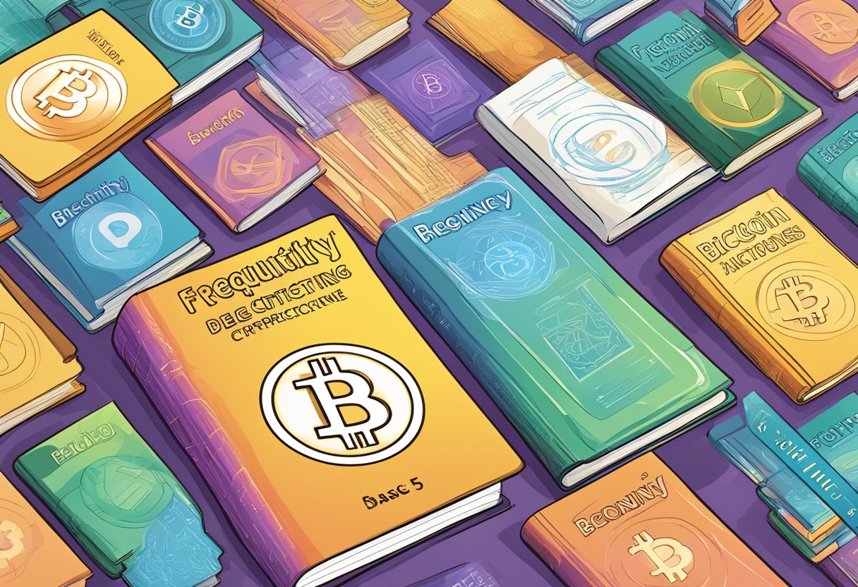 A colorful book cover with the title "Frequently Asked Questions 5 Demystifying Bitcoin and Other Cryptocurrencies: The Complete Guide for Beginners" prominently displayed