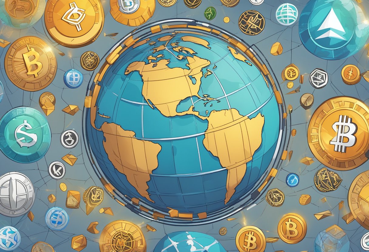 A globe surrounded by various cryptocurrency symbols, representing the global adoption and regulation of digital currencies