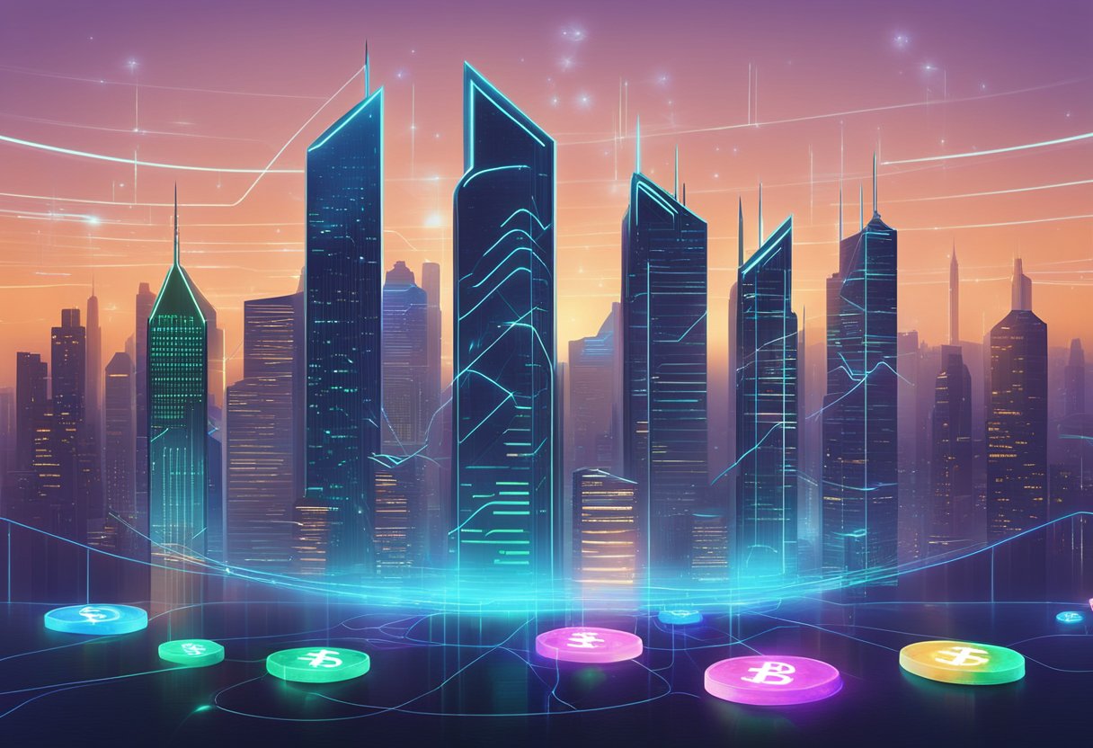 A futuristic city skyline with digital currency symbols floating above skyscrapers. Glowing lines connect the symbols, representing global financial transactions