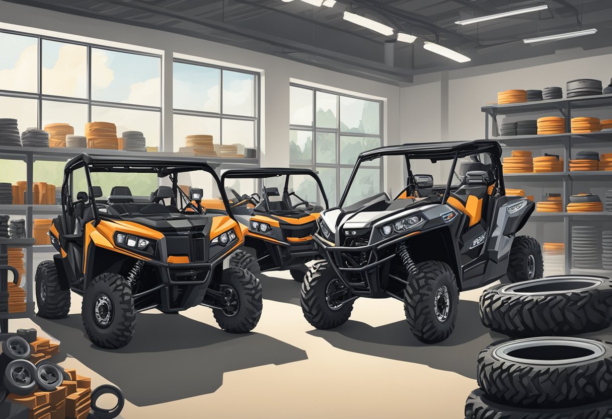 A well-organized display of various UTV parts, including tires, suspension components, and engine accessories, arranged neatly on shelves in a well-lit workshop