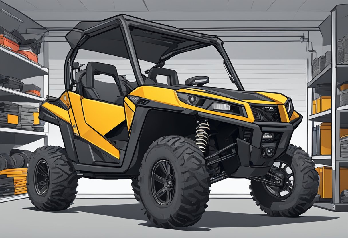 A UTV sits in a garage surrounded by shelves of performance parts. The parts include exhaust systems, suspension upgrades, and high-performance tires